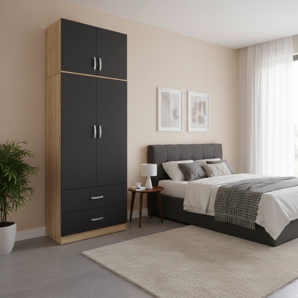 Ντουλάπα δίφυλλη με 2 συρτάρια και πατάρι Lego pakoworld σε oak-ανθρακί απόχρωση 80x42x240εκ