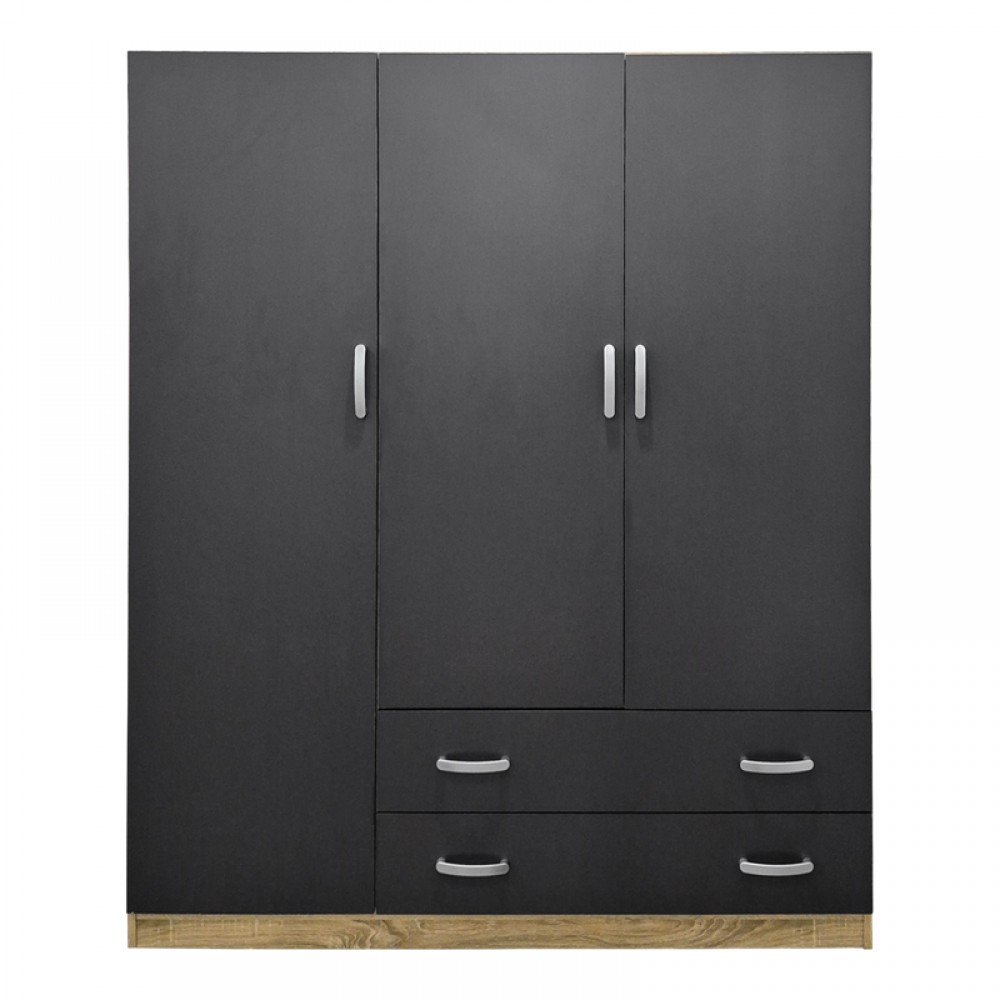 Ντουλάπα τρίφυλλη με 2 συρτάρια Alvia pakoworld sonoma-ανθρακί 150x51x180εκ