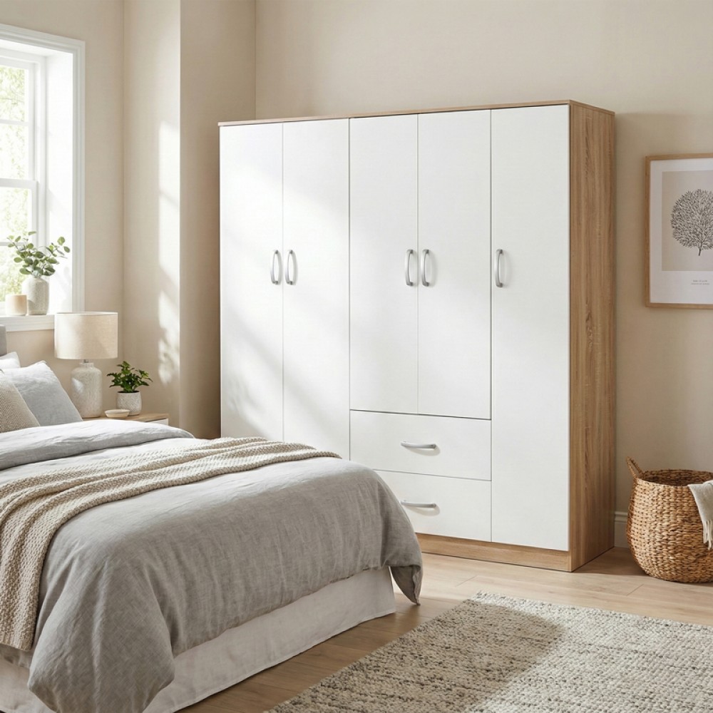 Ντουλάπα πεντάφυλλη Athos I pakoworld sonoma-λευκό 170x42x180εκ