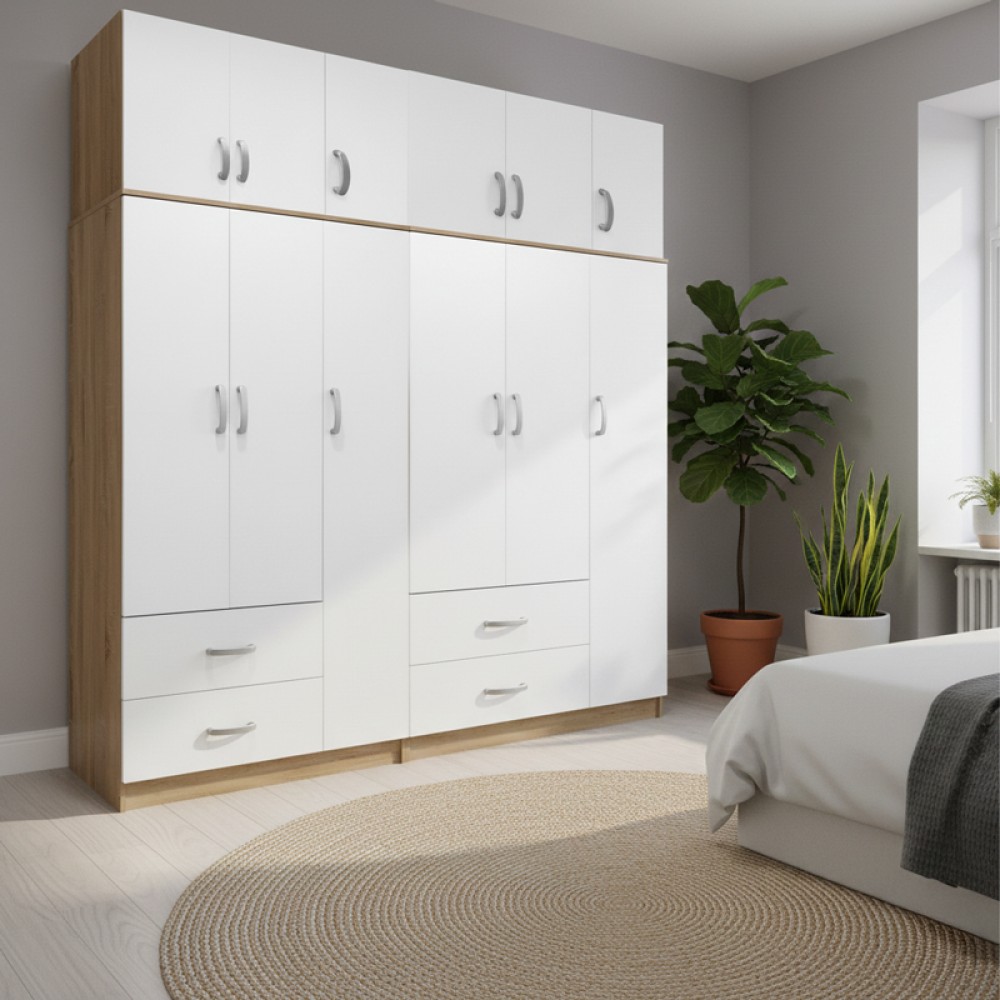 Ντουλάπα εξάφυλλη με πατάρι Athos pakoworld sonoma-λευκή 180x42x240εκ
