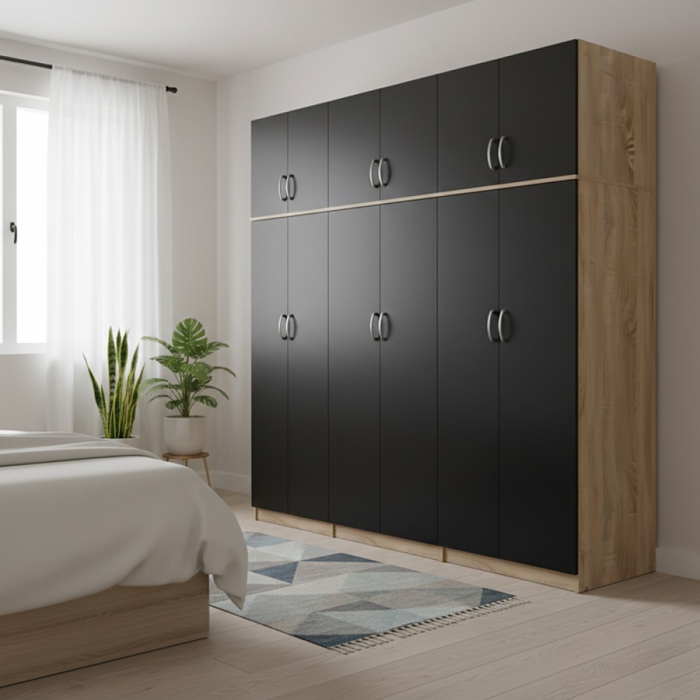 Ντουλάπα εξάφυλλη με πατάρι Lego ΙΙ pakoworld sonoma-ανθρακί 240x42x240εκ