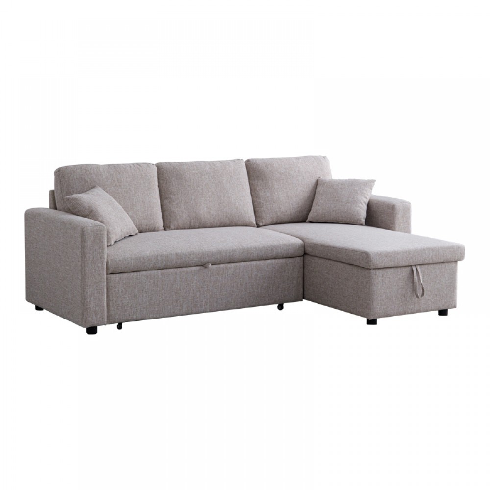 Γωνιακός αναστρέψιμος καναπές κρεβάτι Kamore pakoworld με αποθηκευτικό χώρο μπεζ ύφασμα 223x146x85εκ