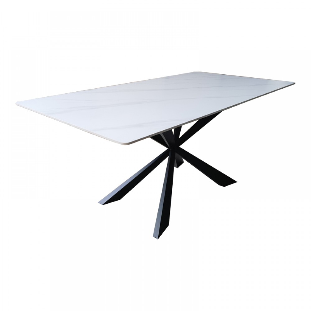 Τραπέζι Mattias pakoworld sintered stone λευκη όψη μαρμάρου με μαύρα μεταλλικά πόδια 180x90x75εκ