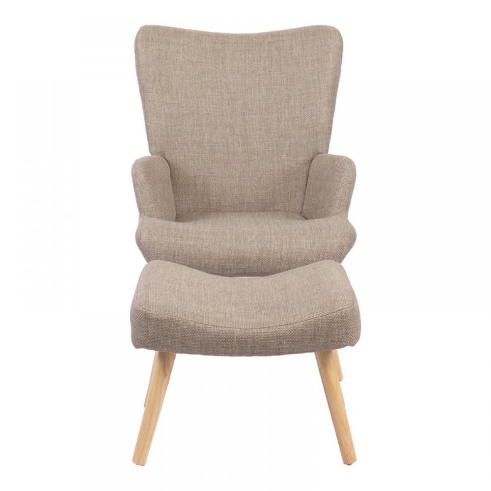 Πολυθρόνα-μπερζέρα με υποπόδιο Gerlina pakoworld γκρι-μπεζ ύφασμα με πόδι σε φυσική απόχρωση 71x64x94εκ