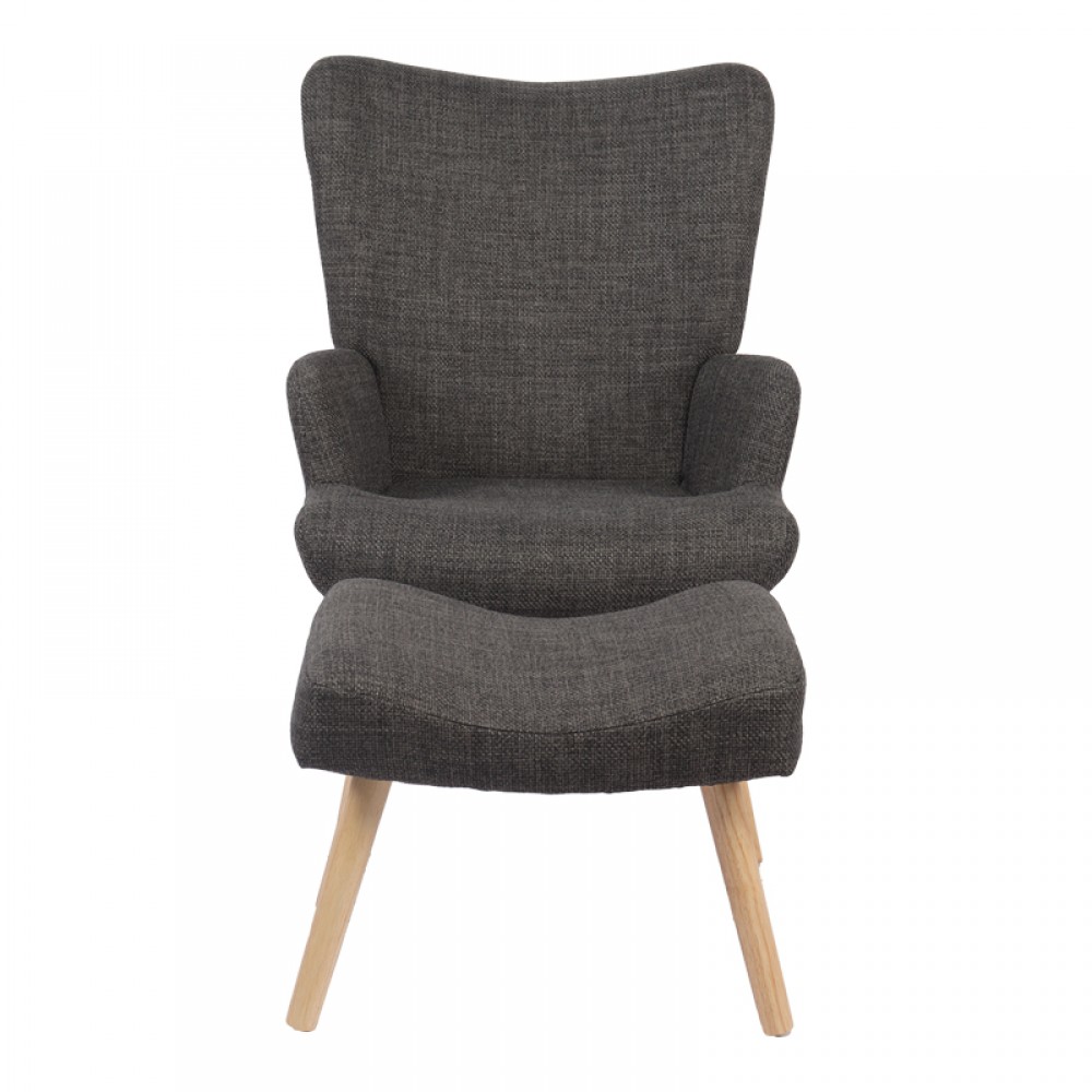 Πολυθρόνα-μπερζέρα με υποπόδιο Gerlina pakoworld ανθρακί ύφασμα με πόδι σε φυσική απόχρωση 71x64x94εκ