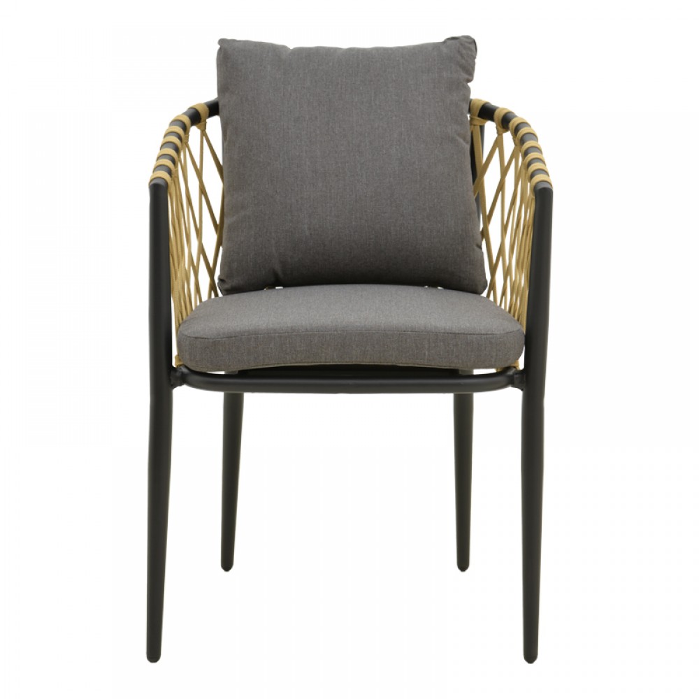 Πολυθρόνα Peluxe pakoworld αλουμίνιο ανθρακί-pe σχοινί φυσικό-μαξιλάρια γκρι 54x62x84εκ