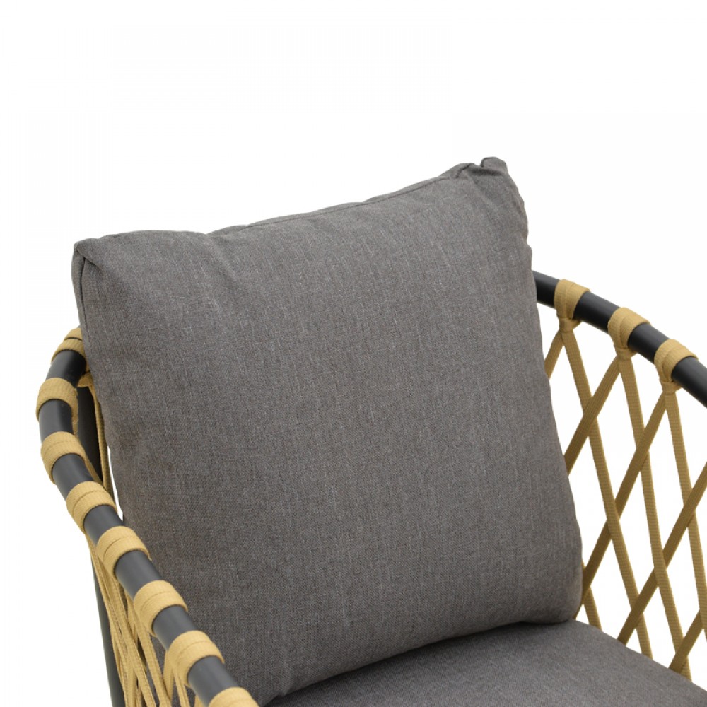 Πολυθρόνα Peluxe pakoworld αλουμίνιο ανθρακί-pe σχοινί φυσικό-μαξιλάρια γκρι 54x62x84εκ