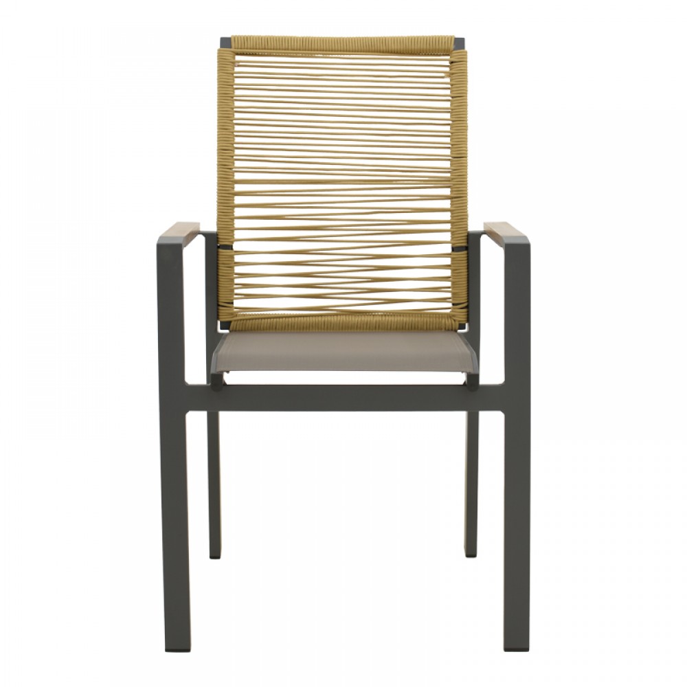 Πολυθρόνα Aegean pakoworld στοιβαζόμενη teak-pe σχοινί σε φυσική - αλουμίνιο κ textline σε ανθρακί απόχρωση 56.5x58x91εκ