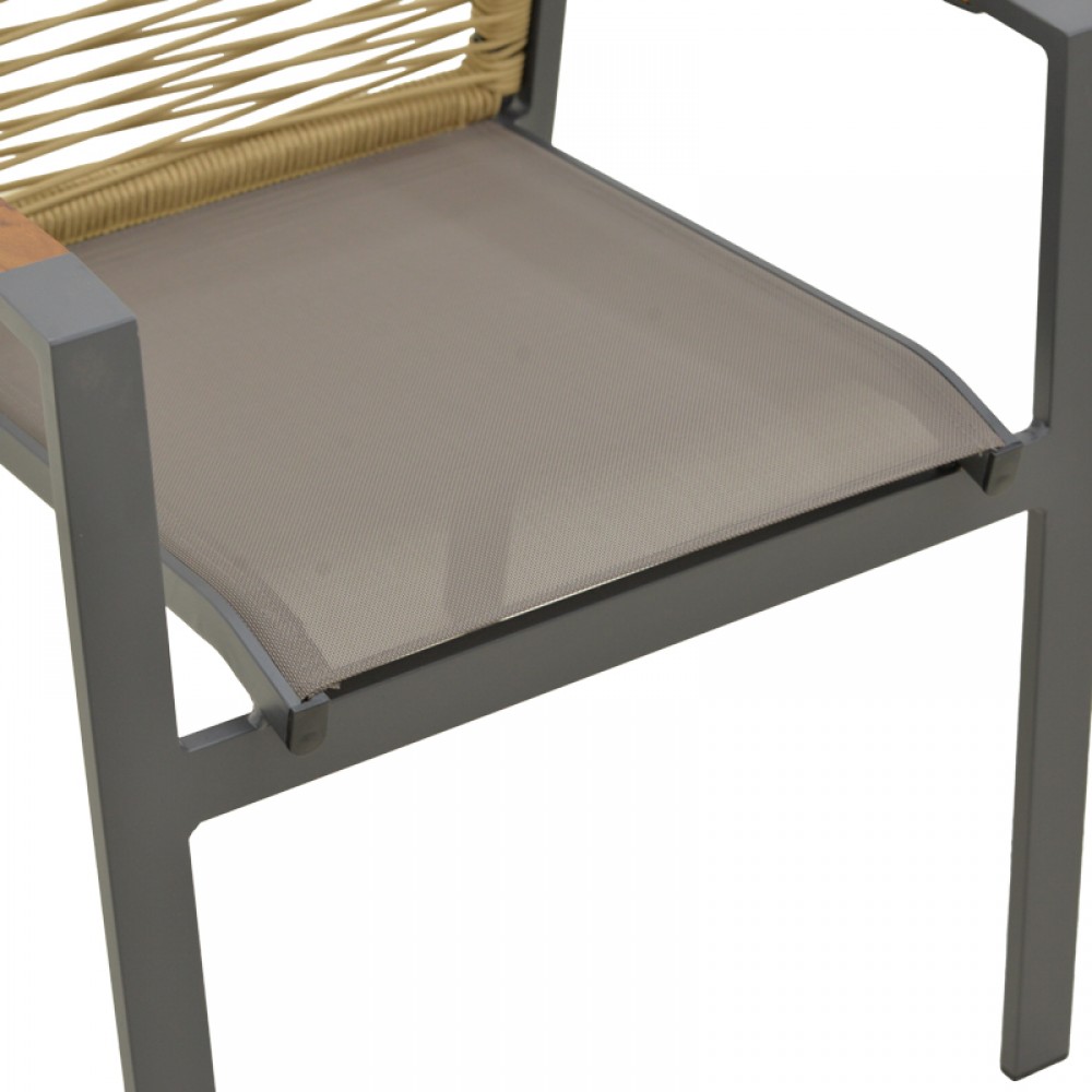 Πολυθρόνα Aegean pakoworld στοιβαζόμενη teak-pe σχοινί σε φυσική - αλουμίνιο κ textline σε ανθρακί απόχρωση 56.5x58x91εκ