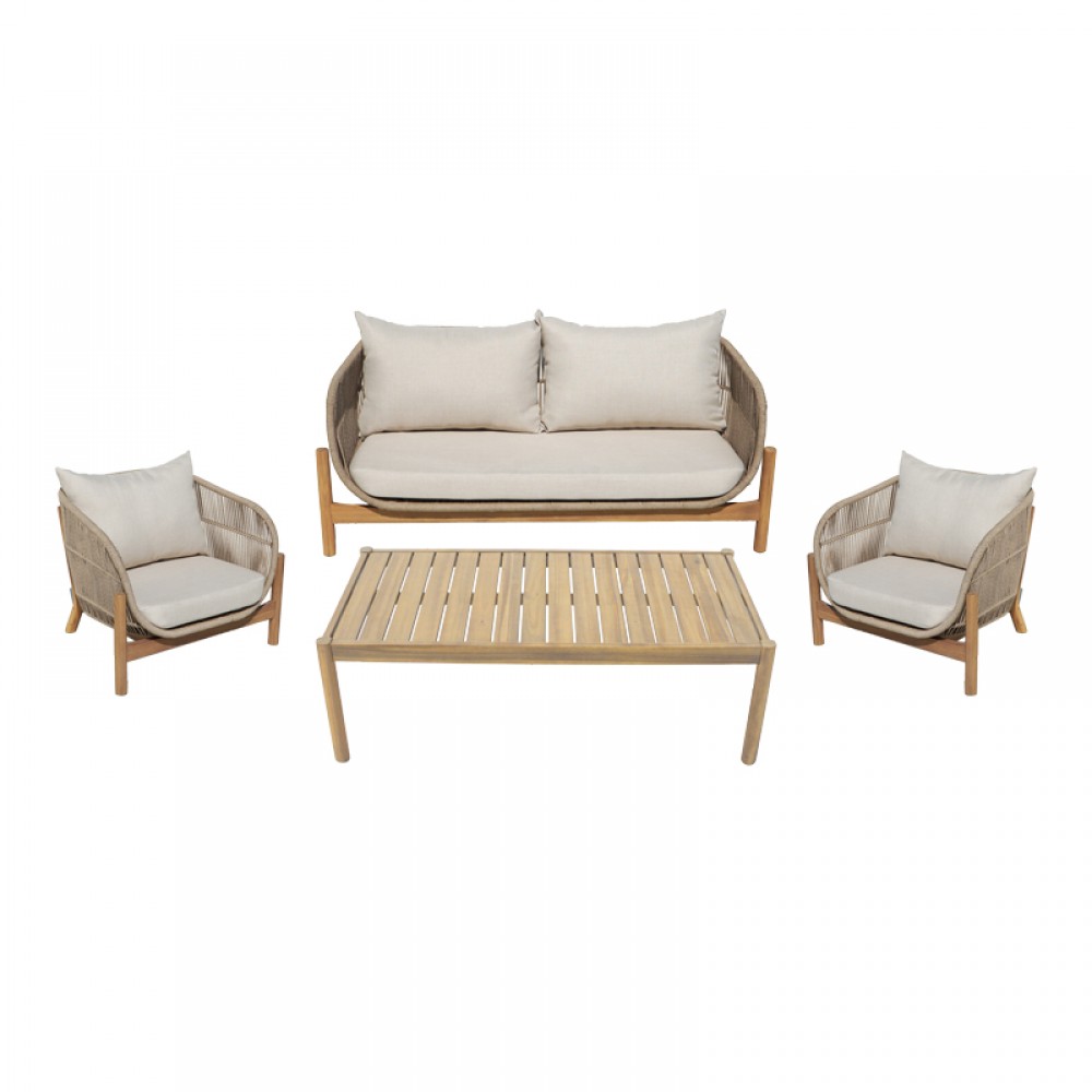 Σαλόνι εξωτερικού χώρου Lemanda pakoworld μασίφ ξύλο ακακίας με σχοινί και μπεζ μαξιλάρια