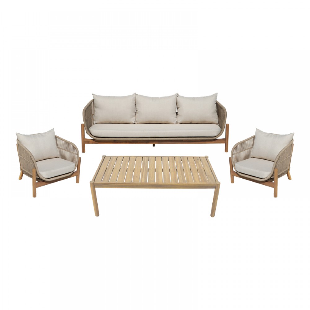 Σαλόνι εξωτερικού χώρου Verilan pakoworld μασίφ ξύλο ακακίας με σχοινί και μπεζ μαξιλάρια