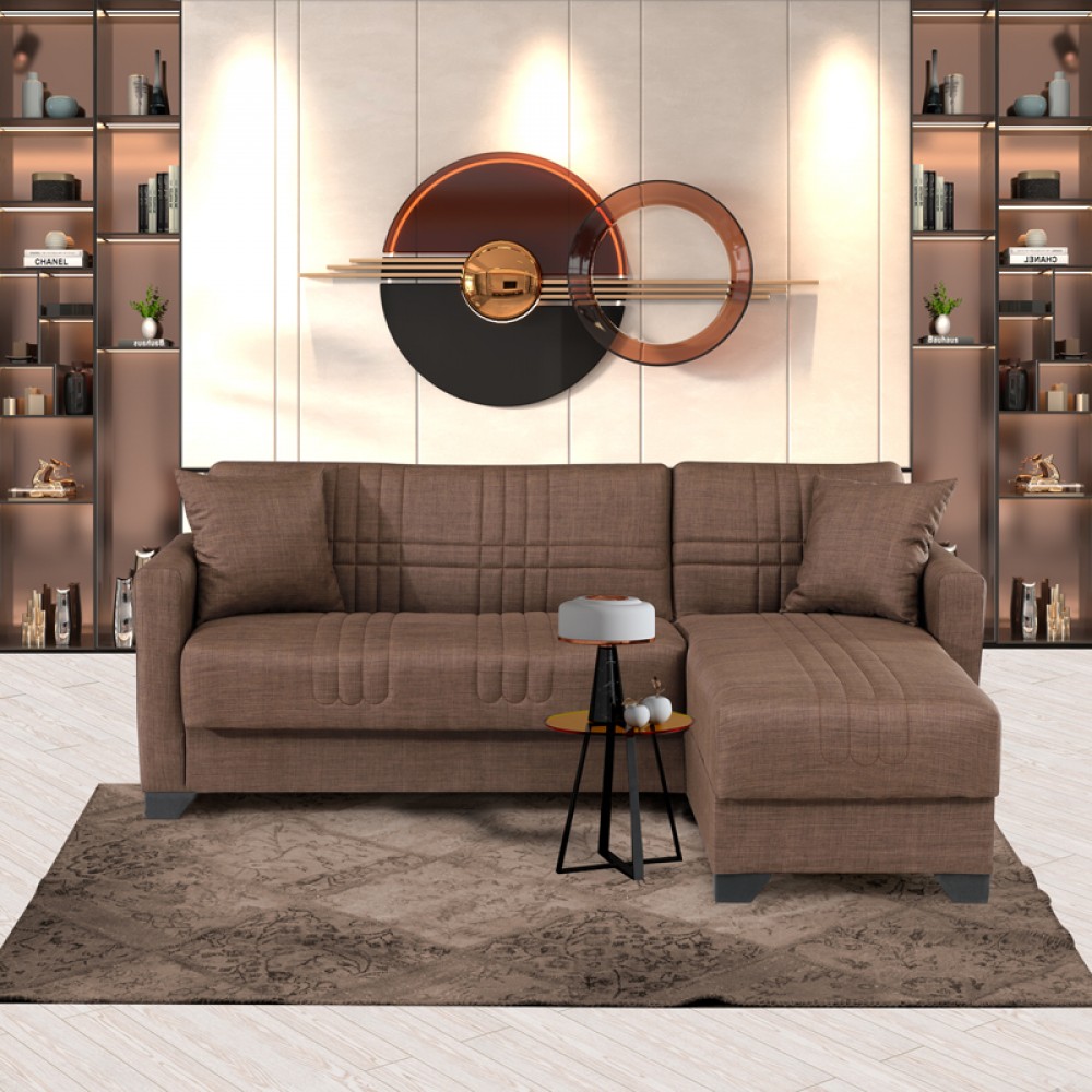 Γωνιακός καναπές-κρεβάτι αναστρέψιμος Stashio pakoworld ύφασμα καφε 202x143x84εκ