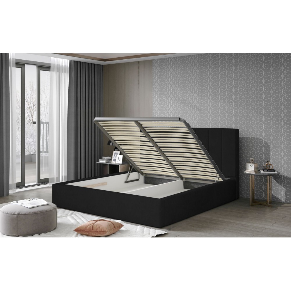 Επενδυμένο κρεβάτι Dobrik-160 x 200-Μαύρο-Με μηχανισμό ανύψωσης