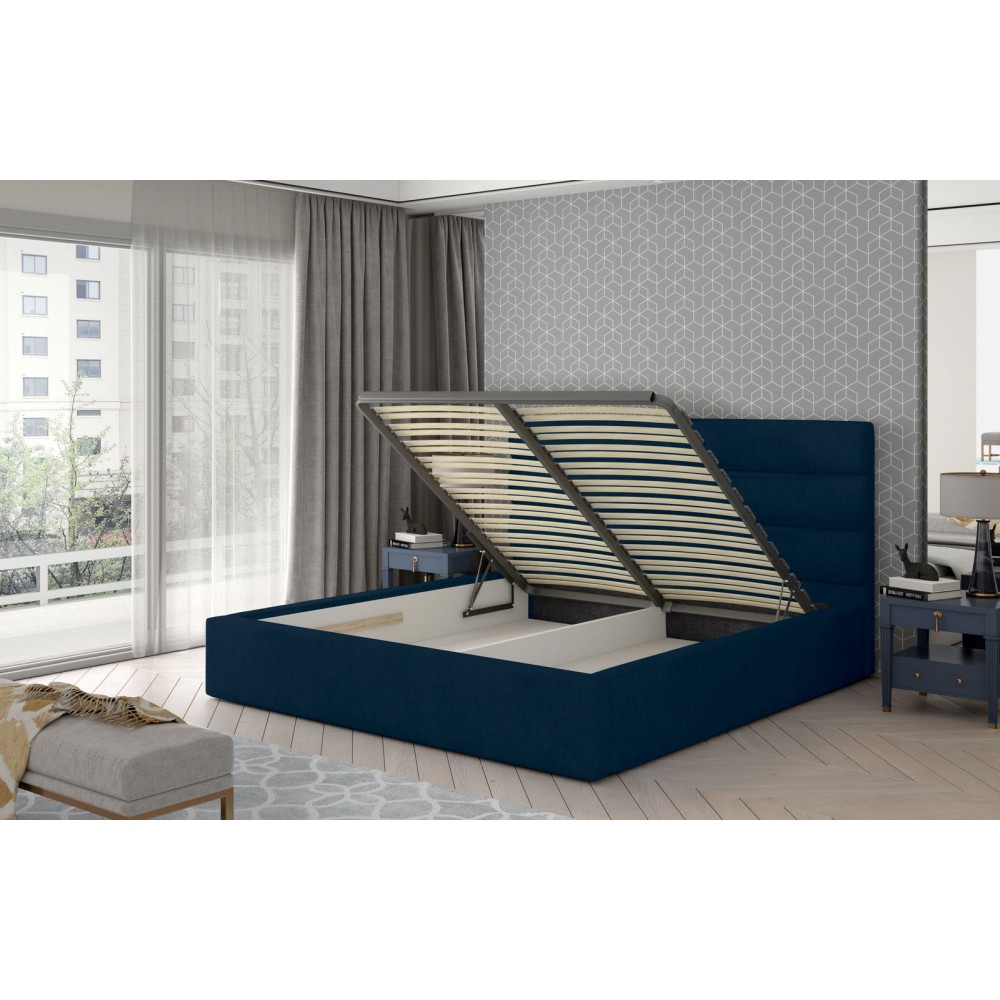Επενδυμένο κρεβάτι Volcito-200 x 200-Μπλέ-Με μηχανισμό ανύψωσης