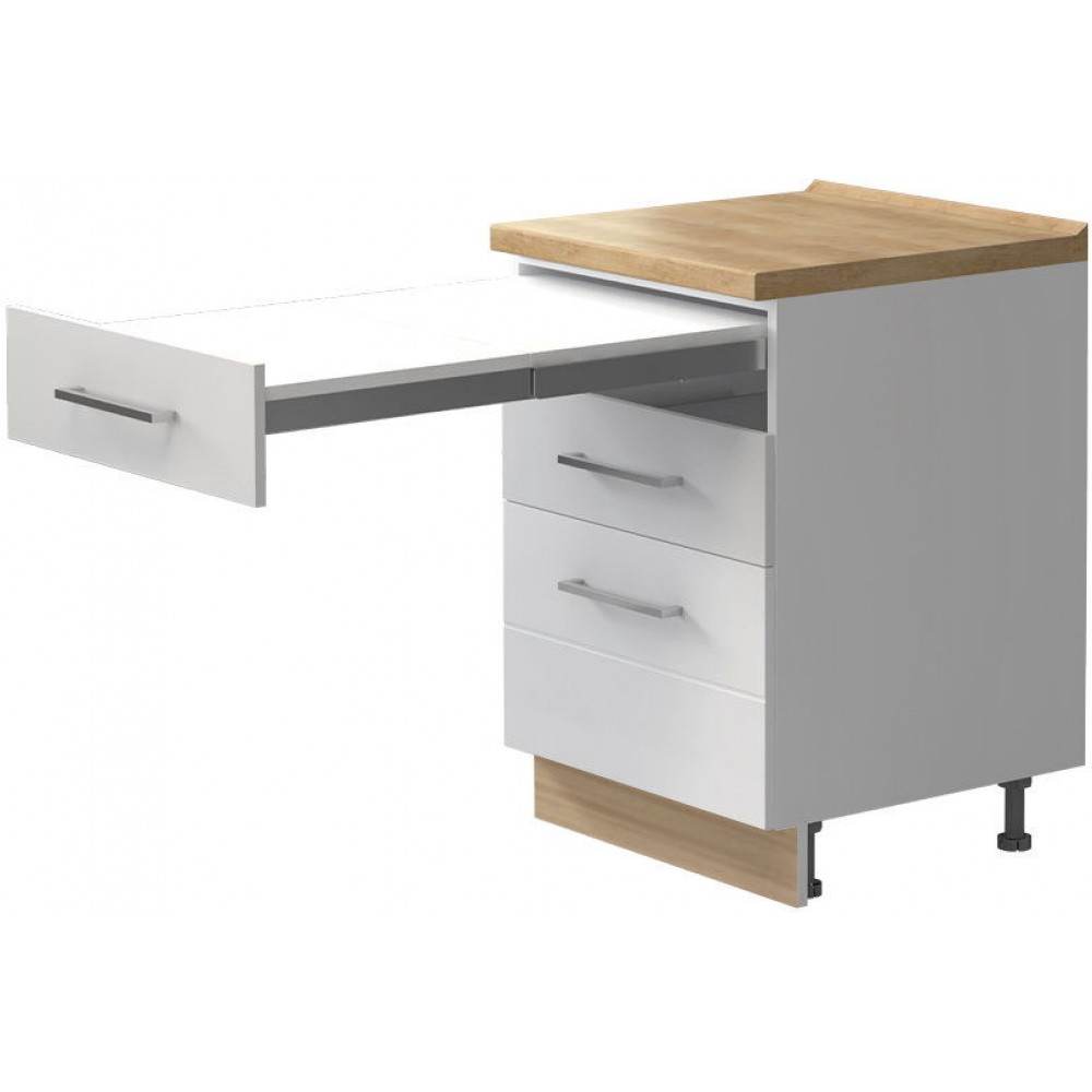 Επιδαπέδιο ντουλάπι Hudson R-60-3FMS με επεκτεινόμενο τραπέζι-Λευκό - Λευκό γυαλιστερό