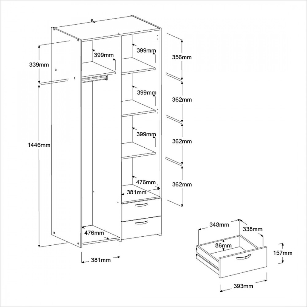 Ντουλάπα Dorm δίφυλλη με καθρέπτη-Leuko