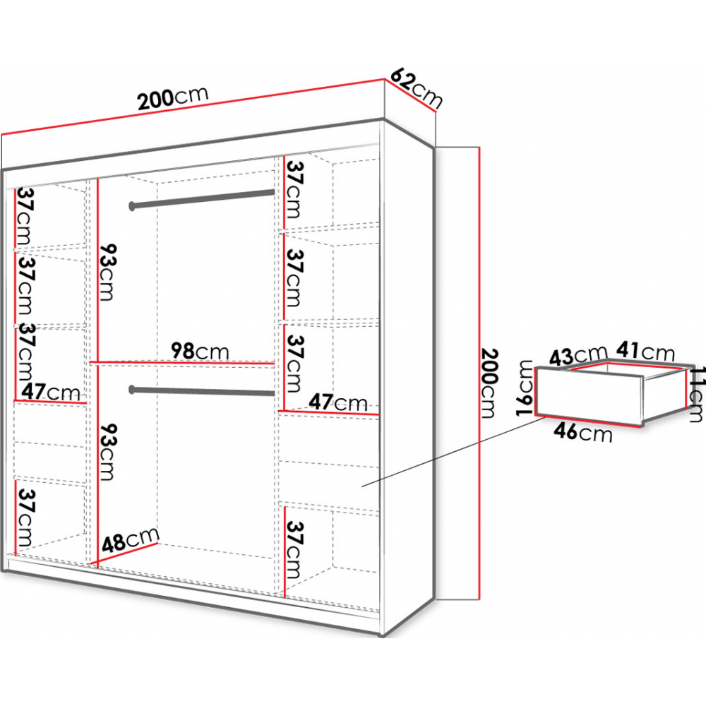 Ντουλάπα συρόμενη Jodelka με καθρέφτη-Leuko-Mauro-Μήκος: 200 εκ.