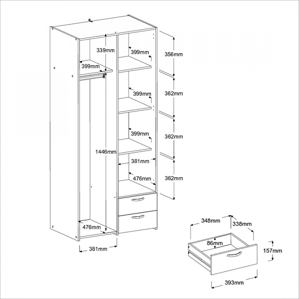 Ντουλάπα Dorm δίφυλλη-Leuko-Χωρίς πατάρι