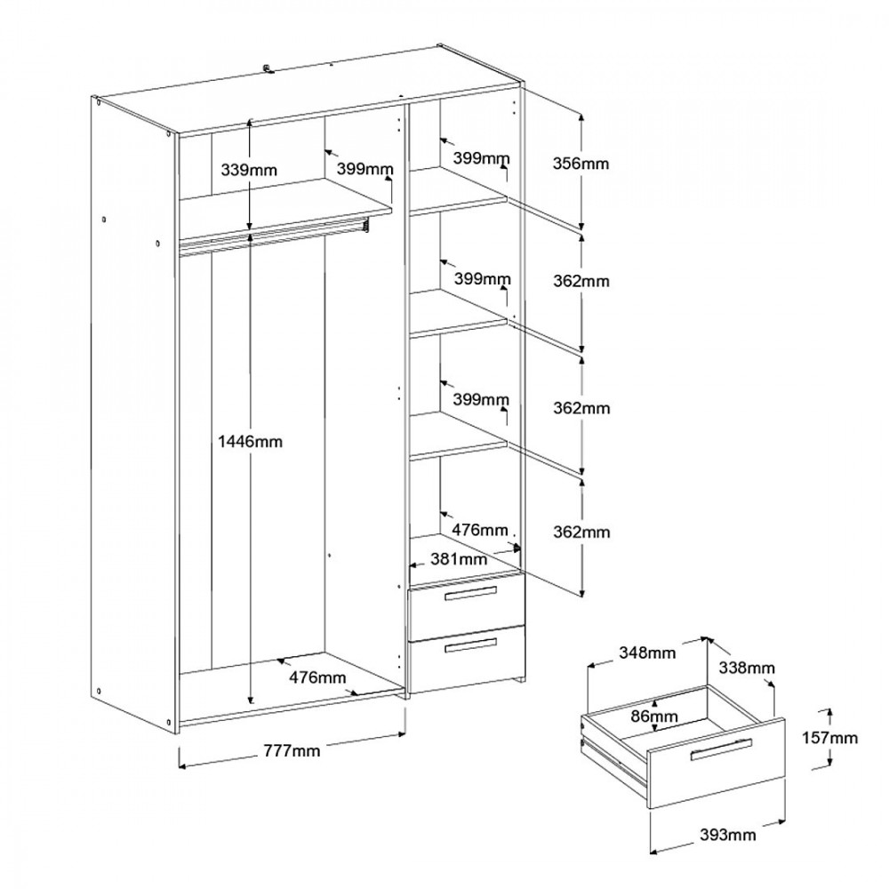 Ντουλάπα Dorm τρίφυλλη με καθρέπτη-Leuko