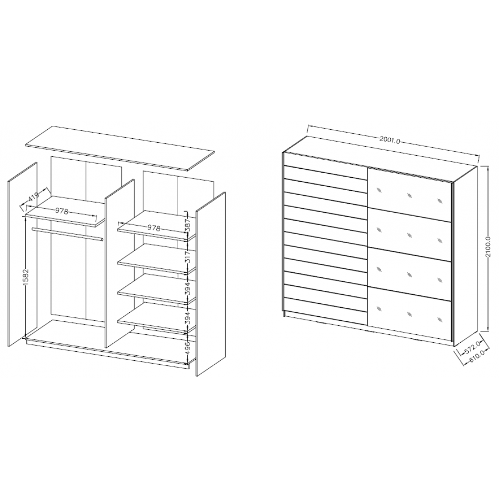Ντουλάπα συρόμενη Kappa με Καθρέπτες-Carbon-200 x 61 x 210 εκ.