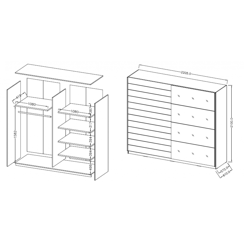 Ντουλάπα συρόμενη Kappa με Καθρέπτες-Carbon-220 x 61 x 210 εκ.