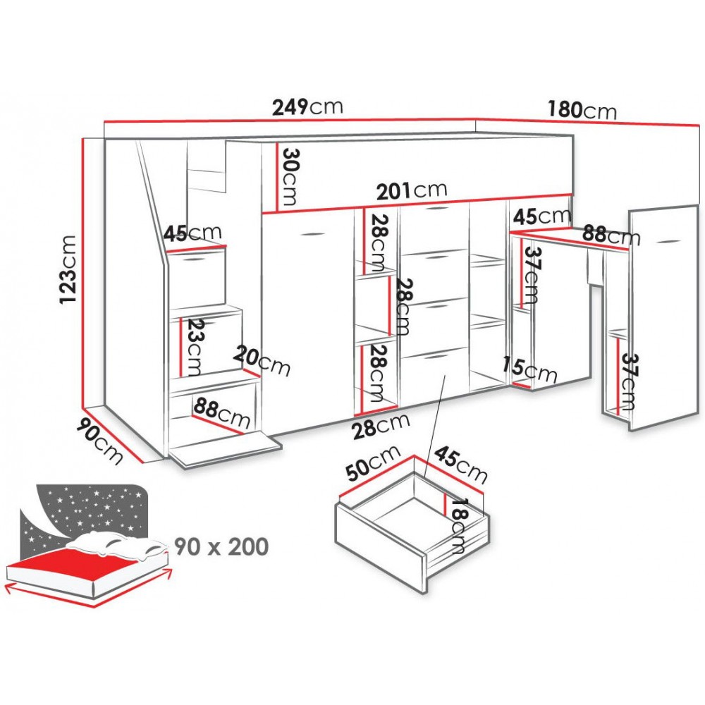 Πολυλειτουργικό κρεβάτι Konkret III-Gkri-Leuko-Αριστερή