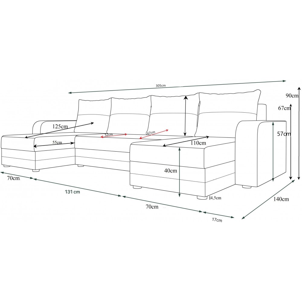 Γωνιακός καναπές Dennis U-Gkri skouro - Mavro