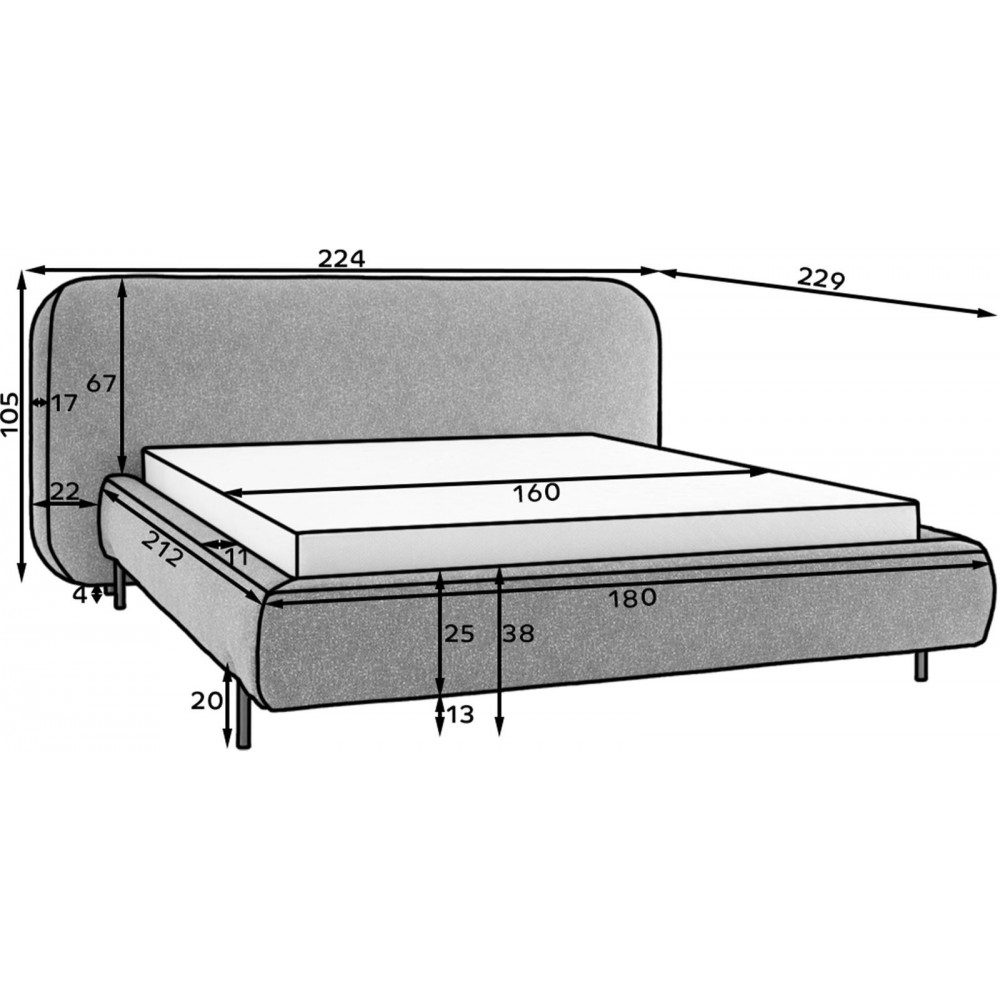 Επενδυμένο κρεβάτι Prius-160 x 200-Gkri Skouro