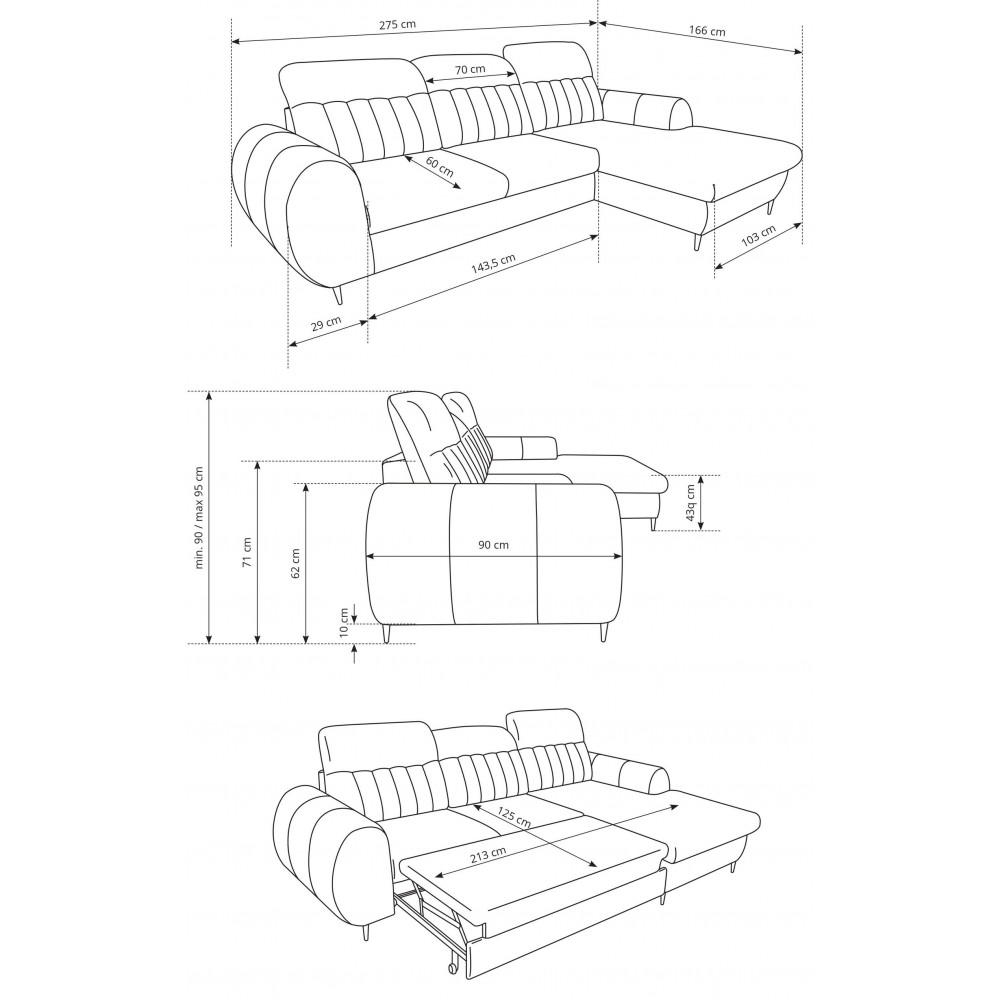 Γωνιακός καναπές Blanc-Gkri-Δεξιά 275x166x95