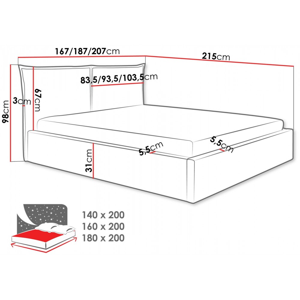 Επενδυμένο κρεβάτι Pirkun-140 x 200-Κυπαρισσί 215x167x98