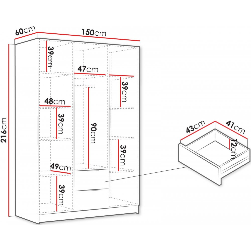 Ντουλάπα Calwi τρίφυλλη-Μαύρο - Φυσικό-Χωρίς καθρέπτη