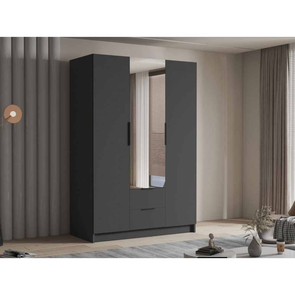 Ντουλάπα CalwiI τρίφυλλη-Μαύρο-Με καθρέπτη