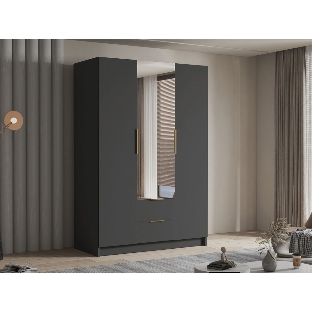 Ντουλάπα CalwiI τρίφυλλη-Μαύρο - Χρυσό-Με καθρέπτη