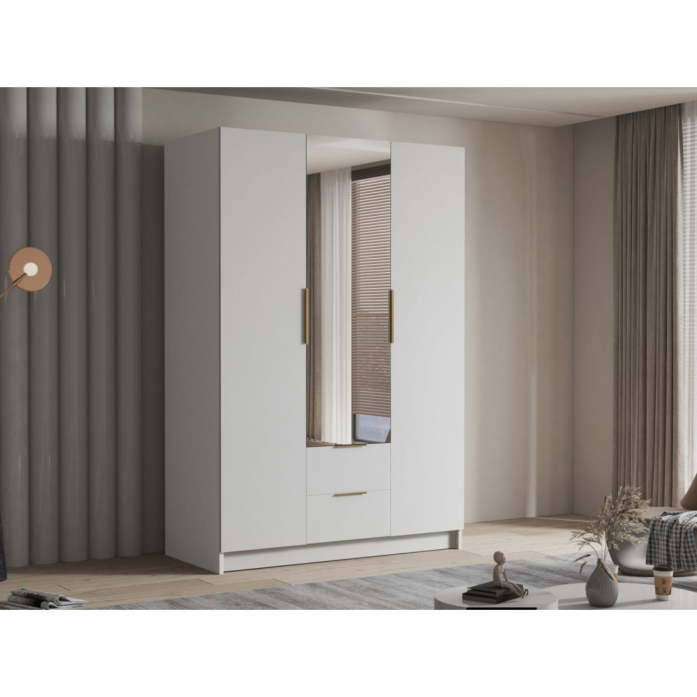 Ντουλάπα CalwiI τρίφυλλη-Λευκό - Χρυσό-Με καθρέπτη