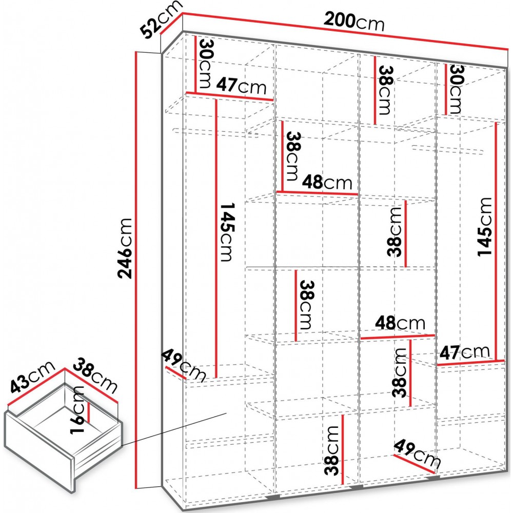 Ντουλάπα Como I 200 Τετράφυλλη-Cashmere - Μαύρο