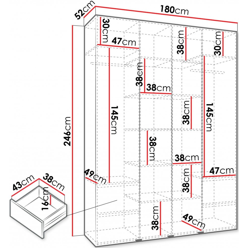 Ντουλάπα Como II 180 Τετράφυλλη-Λευκό - Μαύρο