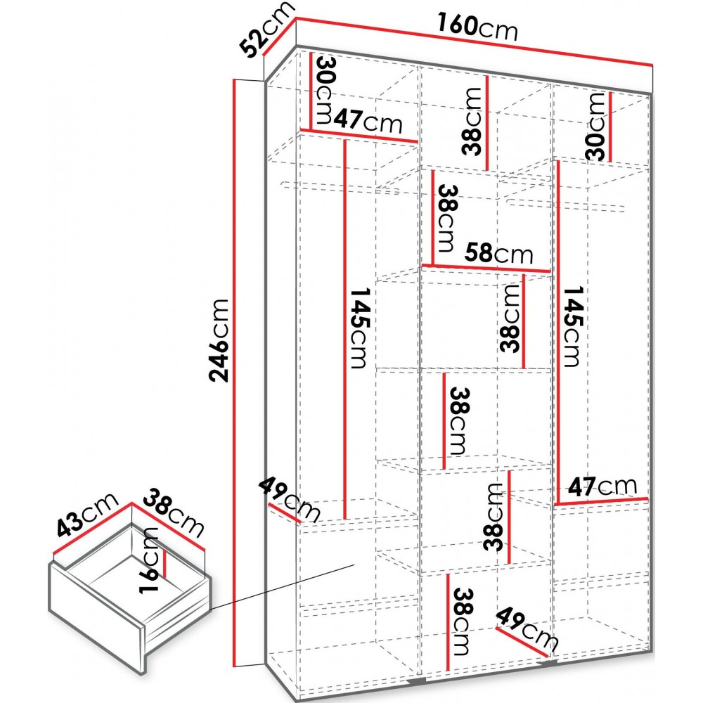 Ντουλάπα Como III 160 Τρίφυλλη-Λευκό - Χρυσό