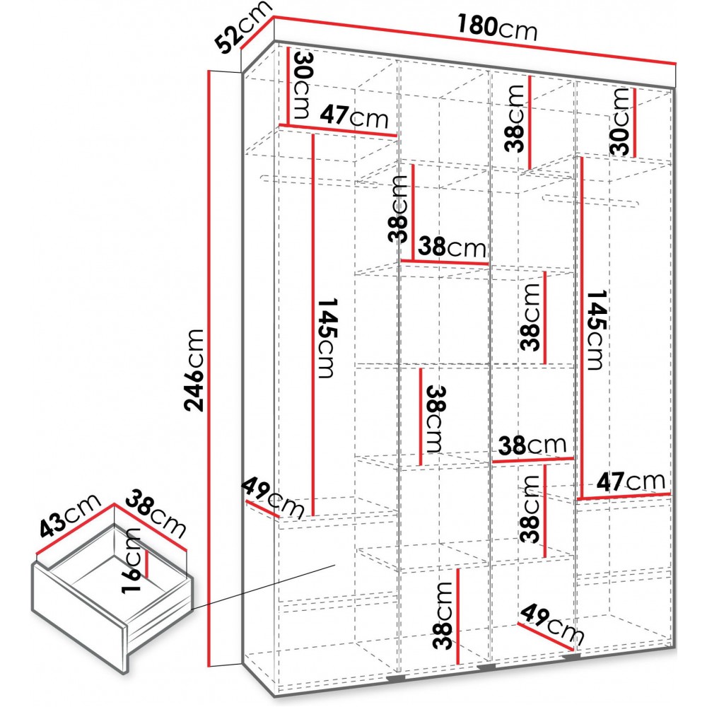 Ντουλάπα Como III 180 Τετράφυλλη-Cashmere - Μαύρο