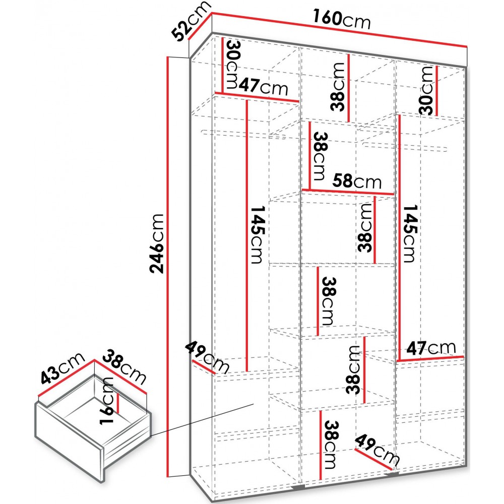 Ντουλάπα Como IV 160 Τρίφυλλη-Λευκό - Μαύρο
