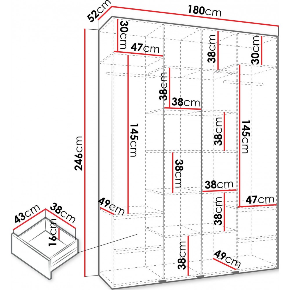 Ντουλάπα Como IV 180 Τετράφυλλη-Λευκό - Μαύρο