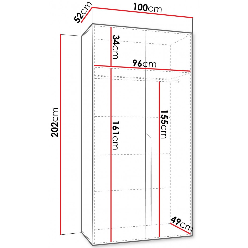 Ντουλάπα Mila I-Λευκό - Μαύρο-Μήκος: 100 εκ. 100x52x202