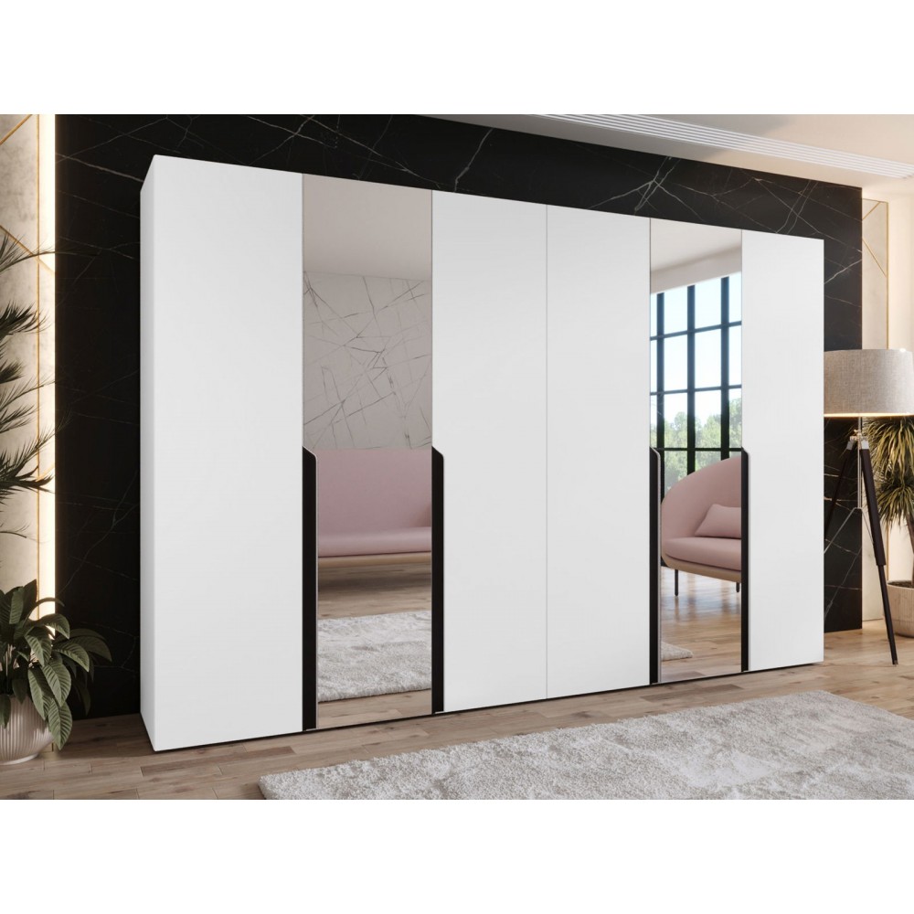 Ντουλάπα Mila I Εξάφυλλη-Λευκό - Μαύρο-Με καθρέπτη