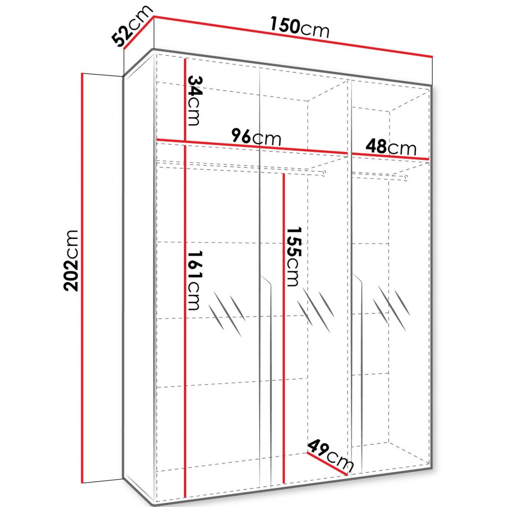 Ντουλάπα Mila II-Γκρεζ - Μαύρο-Μήκος: 150εκ 150x52x202