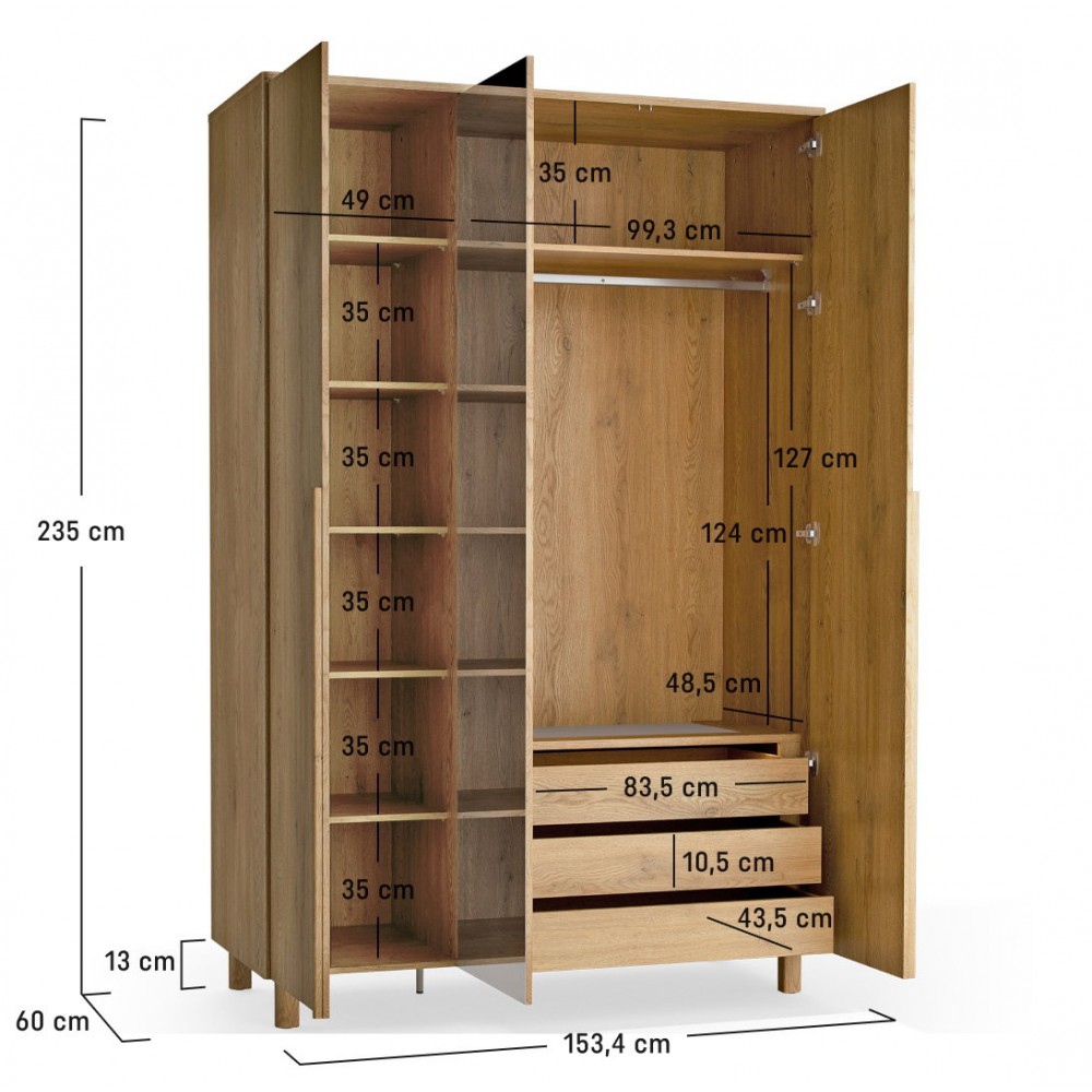 Ντουλάπα Well Τρίφυλλη-Με καθρέπτη 153.3x60x235