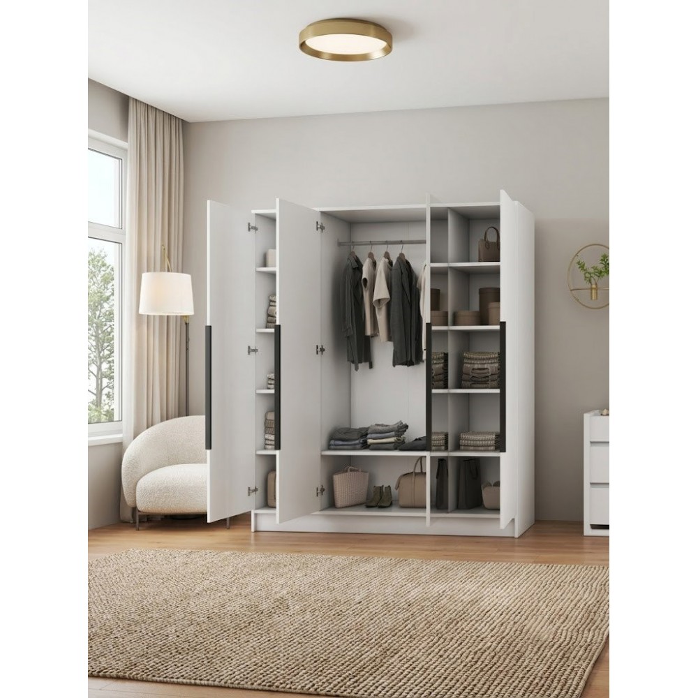 Ντουλάπα Lounier Τετράφυλλη-Λευκό - Μαύρο 200x51x200