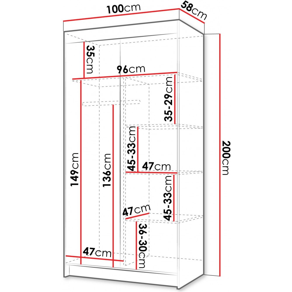 Ντουλάπα Infinity II 100 Δίφυλλη 100x58x200