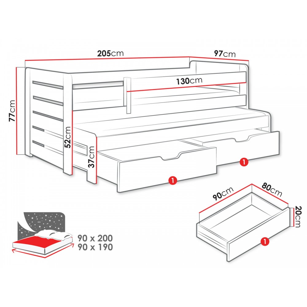 Παιδικό Κρεβάτι Tomasz II-Λευκό – Γκρι-90 x 200 205x97x77