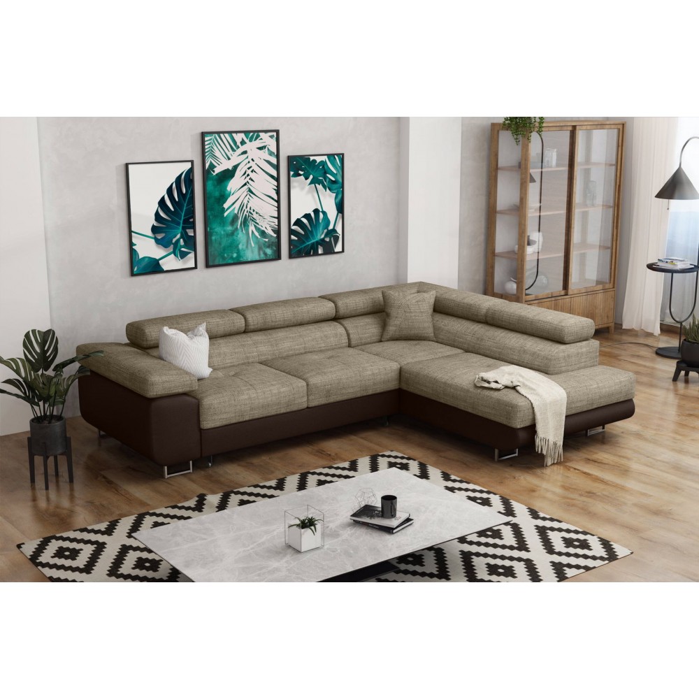Γωνιακός καναπές Antony-Καφέ - Μπεζ-Δεξιά 275x202x90